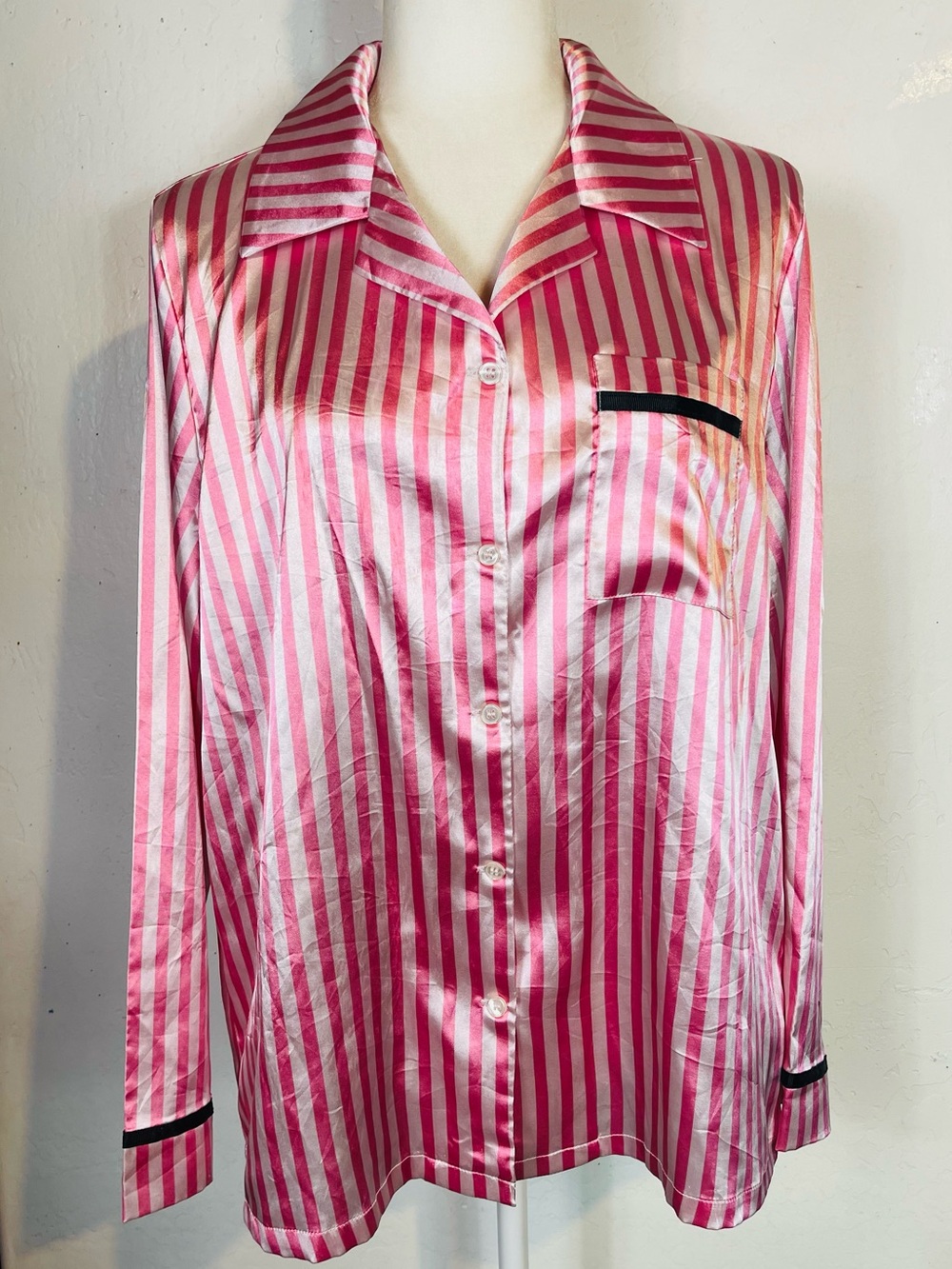 Shein Size Large L Button Down Pajama Top Shirt Pink White Striped Black Trim